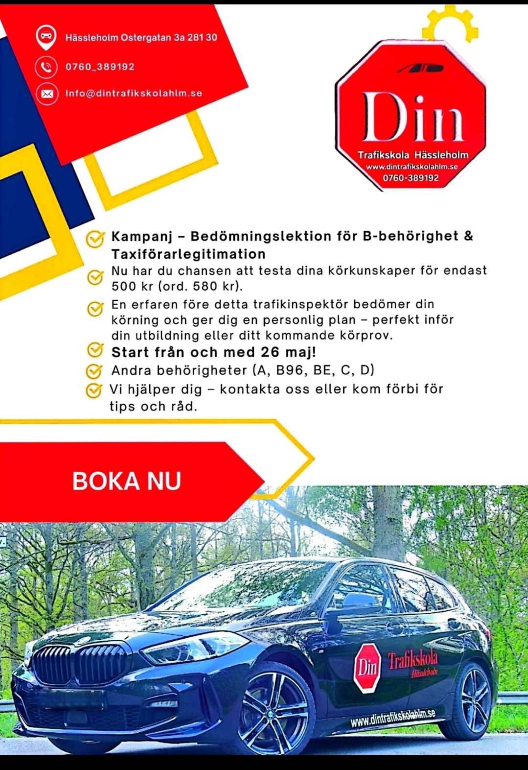 Bedömningslektion kampanj - BMW trafikskola bil för körkortsutbildning