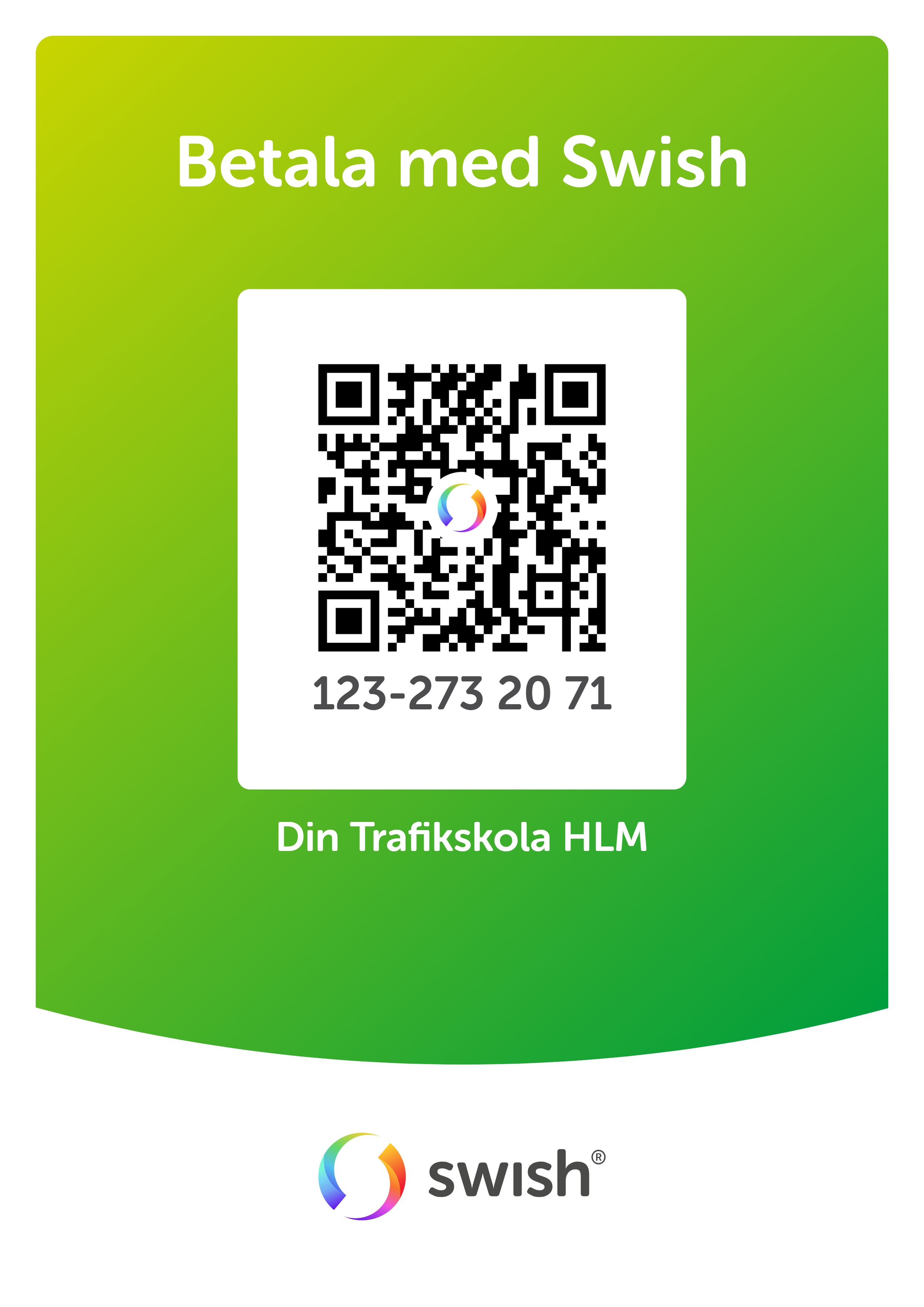 Betala med Swish - QR-kod för betalning till Din Trafikskola Hässleholm, nummer 123-273 20 71